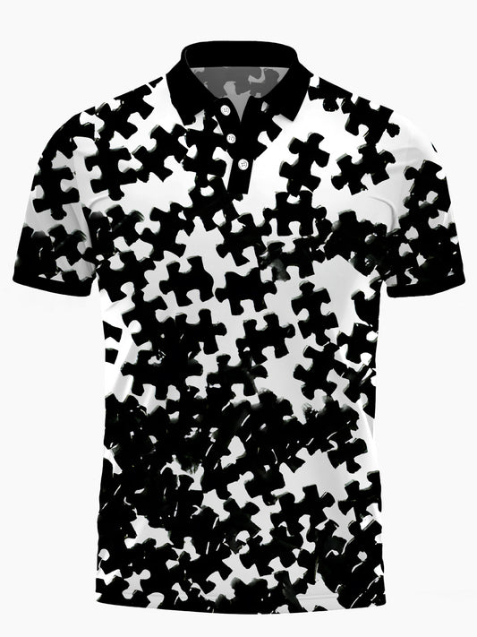 Puzzle -Print -Männer Mit Kurzem Ärmelknopf Poloshirt