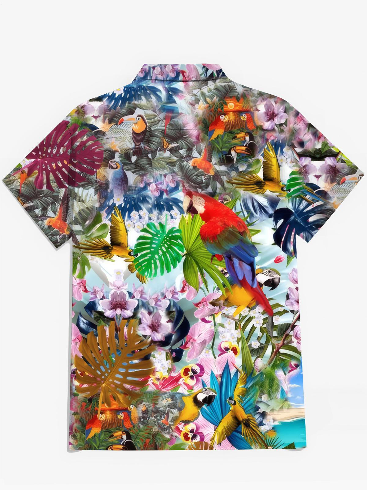 Hawaiianische Pflanze Papageiblattblattdruck Herren Tasche Kurzarm Hemden
