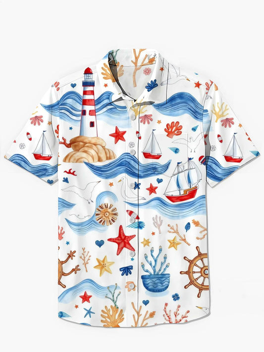 Ocean Lighthouse Ship Print Herren -Tasche Kurzarm Shirts