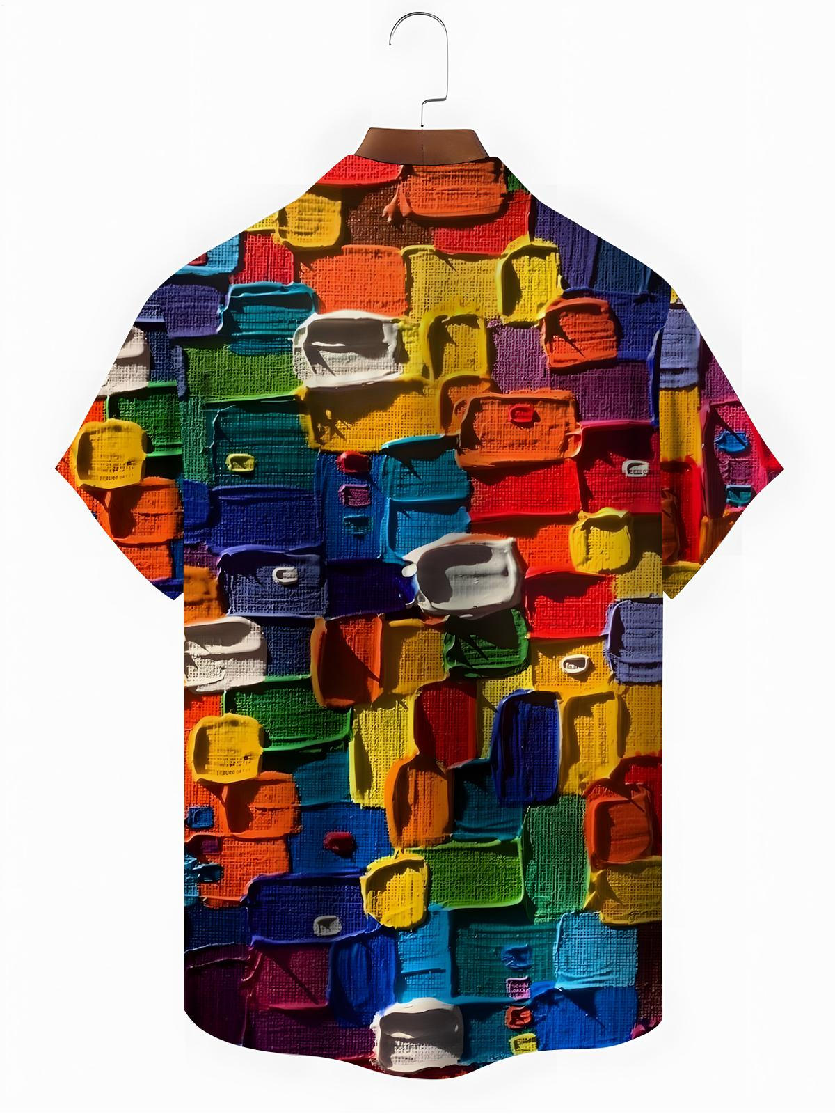 Farbblockdruck Herren -Taschen -Kurzarmhemden