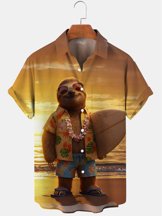 Hawaiian Surf Sloth Sloth Print Herren -Tasche Kurzarm Shirts