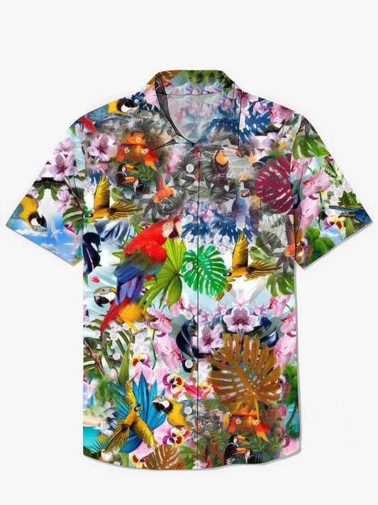 Hawaiianische Pflanze Papageiblattblattdruck Herren Tasche Kurzarm Hemden