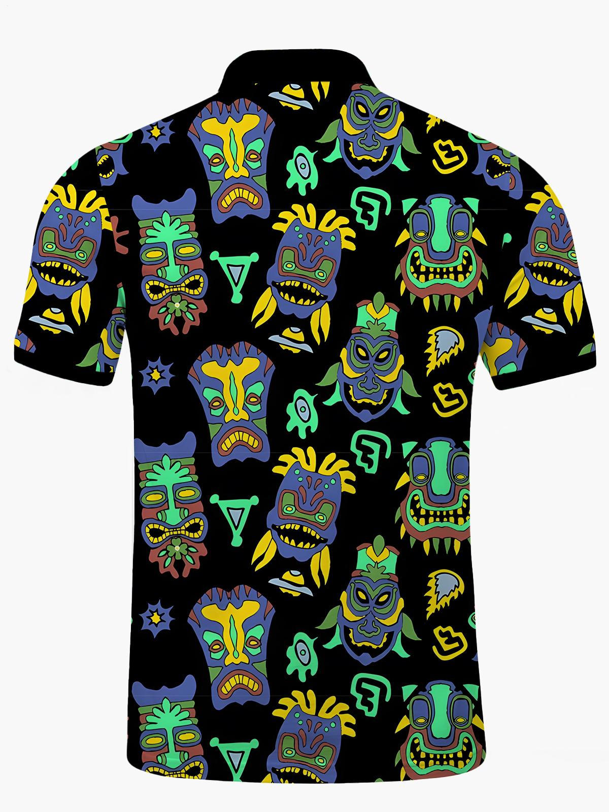 Tiki Print Herren -Kurzärmel -Polo -Hemd Mit Kurzarmknopf