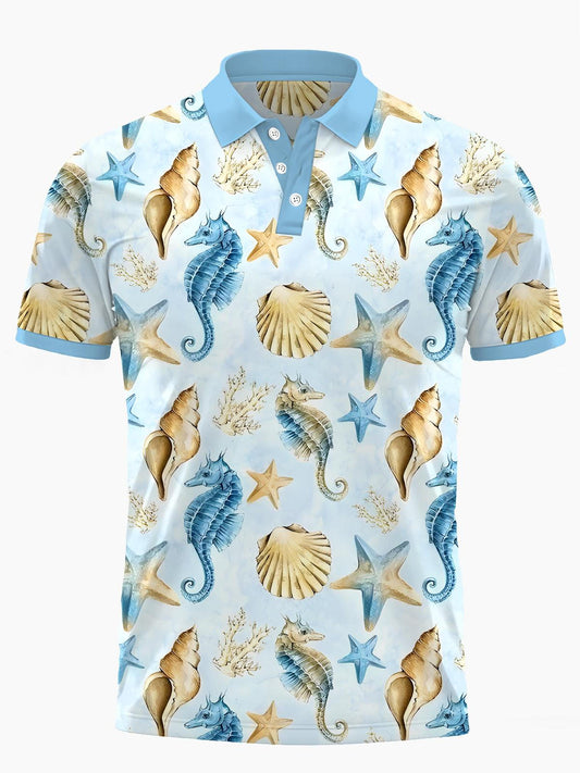 Marine Life Print Männer Kurz Ärmelknopf Poloshirt