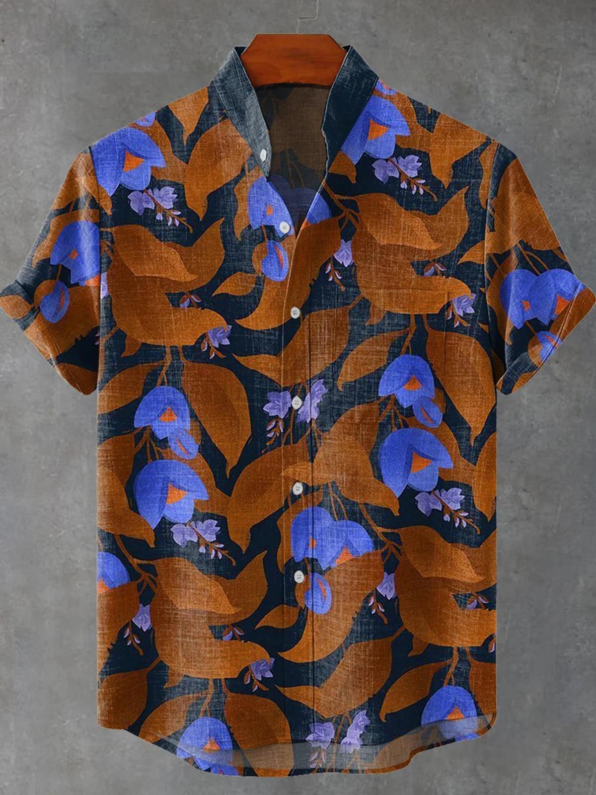 Blumendruck Herren -Tasche Kurzarm Ständer Kragenhemden