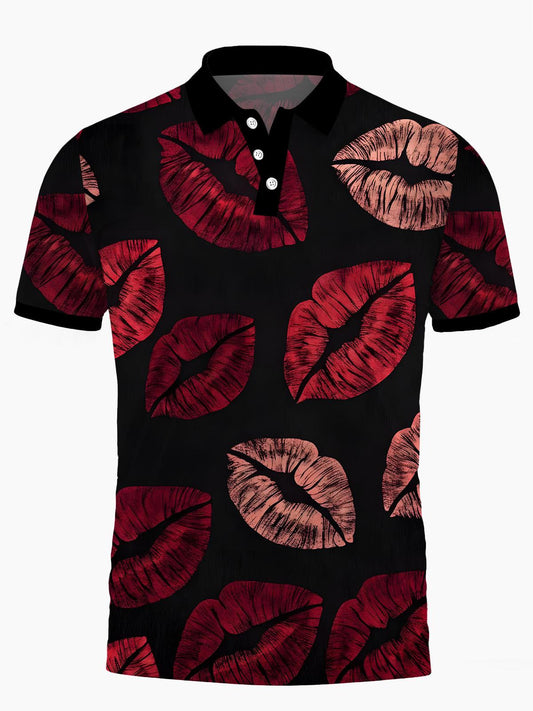 Lip Print Herren -Kurzärmel -Tasten -Polo -Hemd