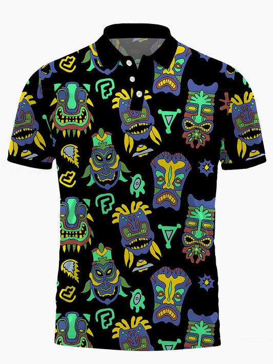 Tiki Print Herren -Kurzärmel -Polo -Hemd Mit Kurzarmknopf