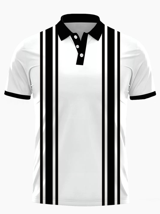 Black White Striped Print Männer Kurzarmknopf Poloshirt