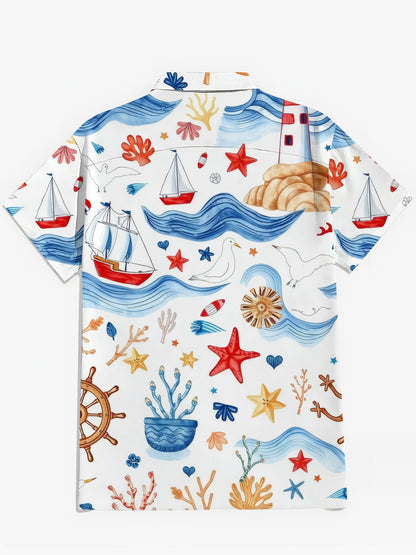 Ocean Lighthouse Ship Print Herren -Tasche Kurzarm Shirts