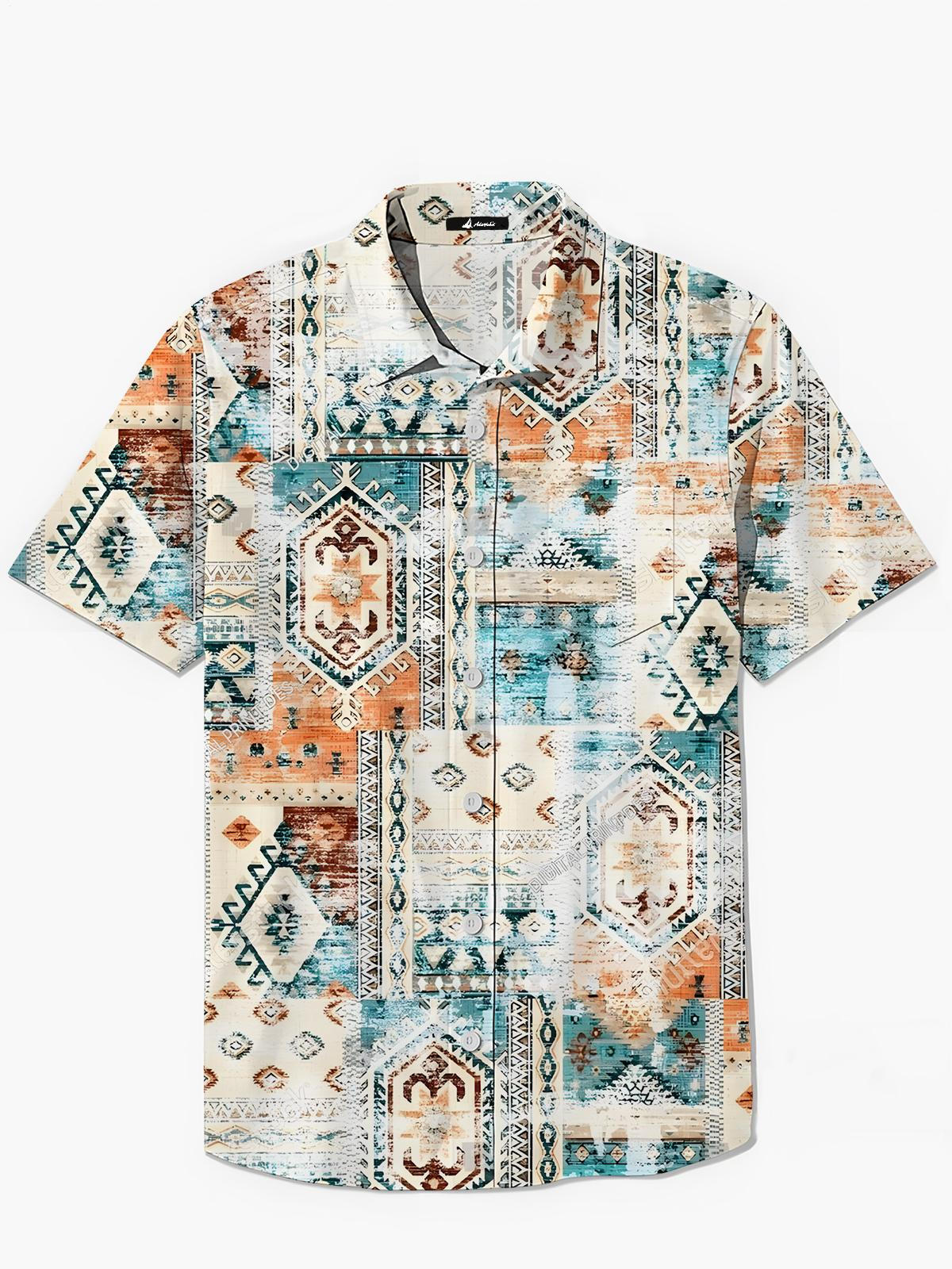 Vintage Ethnische Muster Druckmenschen Tasche Kurzarm Shirts