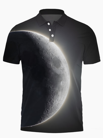 Cosmic Planet Print Herren -Kurzarmknopf -Polo -Shirt