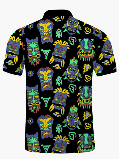 Tiki Print Herren -Kurzärmel -Polo -Hemd Mit Kurzarmknopf