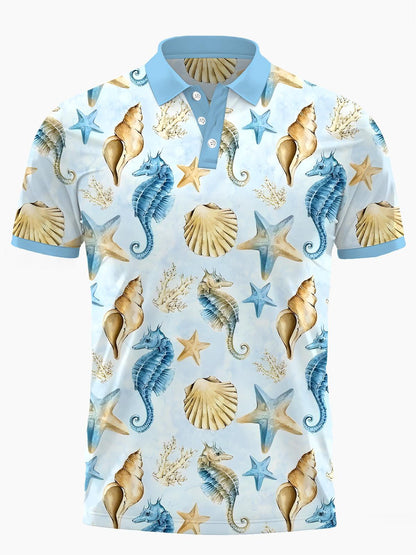 Marine Life Print Männer Kurz Ärmelknopf Poloshirt