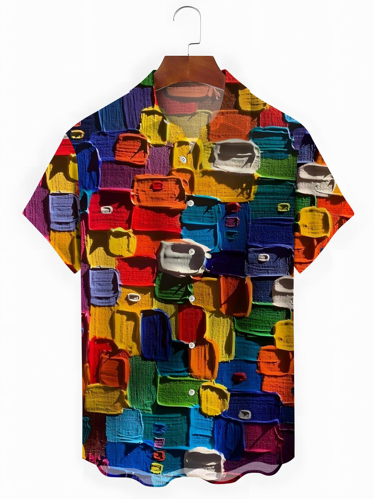 Farbblockdruck Herren -Taschen -Kurzarmhemden