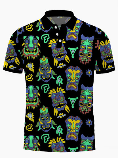 Tiki Print Herren -Kurzärmel -Polo -Hemd Mit Kurzarmknopf