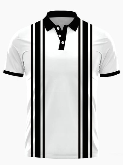 Black White Striped Print Männer Kurzarmknopf Poloshirt