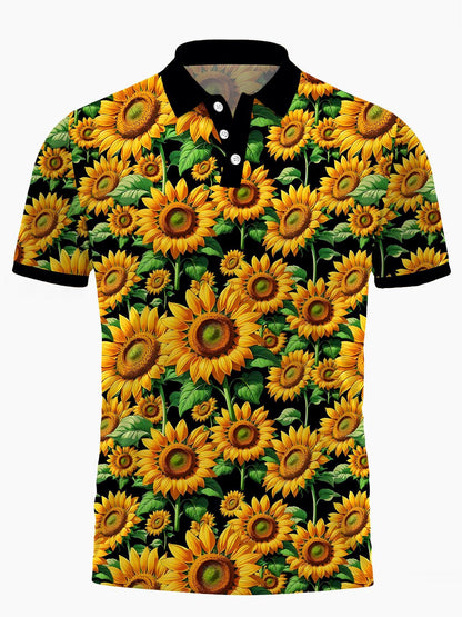 Sonnenblumengedruckte Kurzarm -Polo -Hemd Für Männer Mit Kurzem Ärmeln