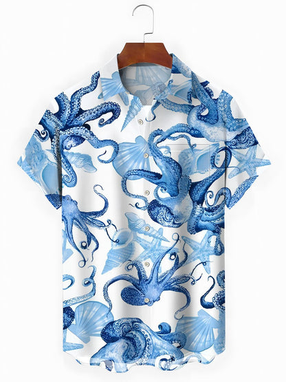 Marine Life Print Men's Pocket Short Sleeve Shirts